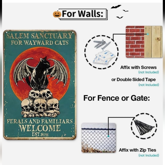 NEW Halloween "Salem Sanctuary For Wayward Cats" TIN sign 12"x8" - Picture 6 of 6